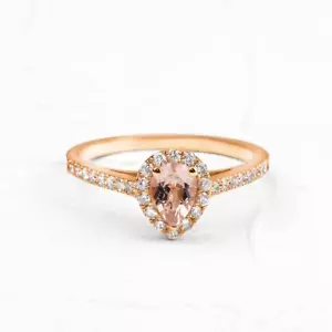 14k Rose Gold Natural Pear Cut Pink Morganite and Diamonds Women Bridal Ring - Picture 1 of 7