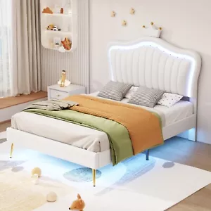 Twin Upholstered Bed Frame with LED Lights & Crown Headboard - Picture 1 of 12