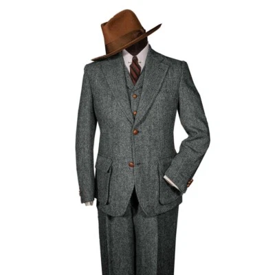 Business Men Suits Slim Fit Wool Blend Tweed Herringbone Notch Lapel Wedding - Image 1 of 4