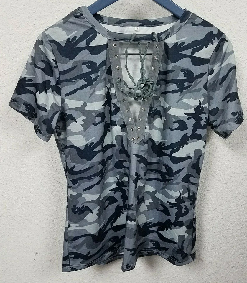 Sexy Camisa Para Mujer Manga Corta Camuflaje Con Cordones Informal Hueca Con Cordones,Gris,XL Foto 1 de 4