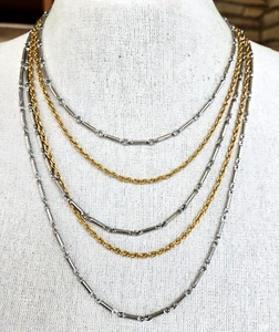 Vintage Multi 5 Strand Two Tone Bar & Rope Chain Draping Choker Necklace 18.5" - Picture 1 of 7