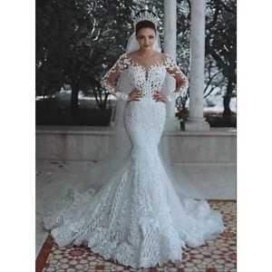 Long Sleeves Mermaid Wedding Gowns Tulle Lace Appliques Beaded Bridal Dresses - Picture 1 of 4