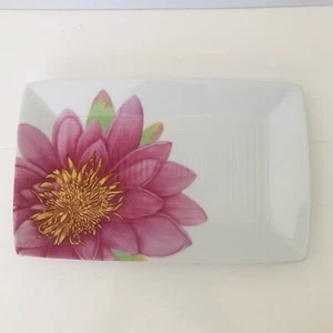 Dahlia Porcelain Grooved Serving Sandwich Plate Rectangle White & Pink Dahlia - Picture 1 of 7