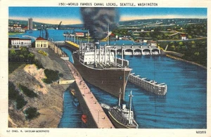 Kanalschleusen, Seattle, Washington Dampfschiffe ca 1940er Vintage Leinen Postkarte - Bild 1 von 1
