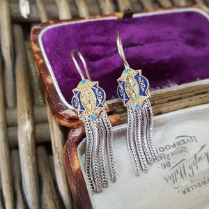Orecchini vintage in argento sterling 925, pendenti con nappa, ganci chiusi, smalto blu - Foto 1 di 7