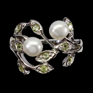 925 Sterling Silver Ring Round Peridot Pearl Natural Gemstone Jewelry Size 7 - Picture 1 of 13