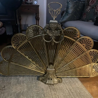 Antique Brass Art Deco / Victorian Folding " Peacock " Fan Fireplace Screen - Image 1 of 4