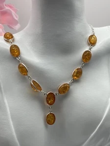 Vintage Sterling Silver Necklace Amber 925 Y Drop 10.25g - Picture 1 of 8