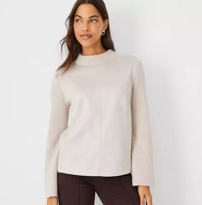 Ann Taylor Faux Suede Mixed Media Sweater Beige M - Imagem 1 de 4