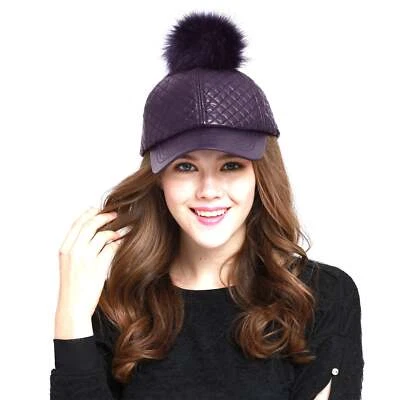 Gorra de béisbol de pompón de cuero sintético ajustable acolchada de cuero sintético para mujer Foto 1 de 4