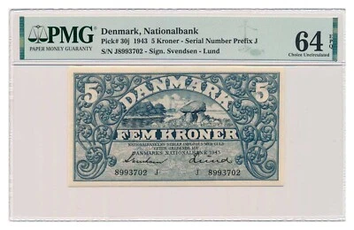 DENMARK banknote 5 Kroner 1943 PMG MS 64 EPQ Choice Uncirculated - Image 1 of 4