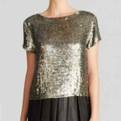 Blusa Alice + Olivia Lentejuelas Top Plateada Sarita Manga Corta Plateada Cremallera Trasera Camiseta Foto 1 de 4