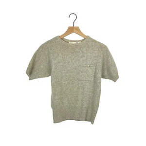 Vintage khaki hellbraun Strick Rundhalsausschnitt Kurzarm Pullover Oberteil Lammwolle Angora Petit - Bild 1 von 5