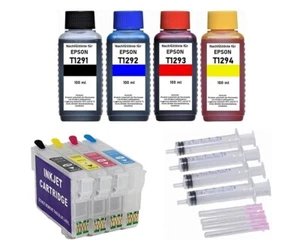 ✅ Cartouches d'encre rechargeables T1291-T1294 + recharge d'encre 400 ml - Photo 1/1