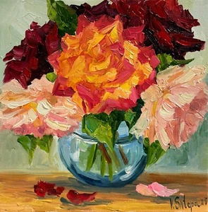 Blooming Flowers Roses Painting Original Oil Impressionism Signed Art 8x8 in - Picture 1 of 8
