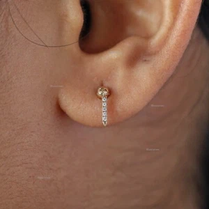 Natural Diamond Threaded Stud Earring in 14k Yellow Gold Mini Drop Stud Earring - Picture 1 of 11