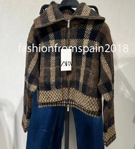 ZARA NEW WOMAN CHECKED KNIT BOMBER JACKET BROWN ECRU S,M,L 5802/106 - Picture 1 of 4