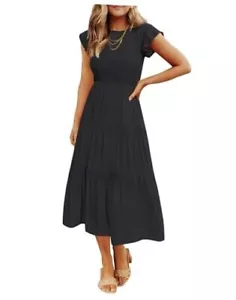 Women's 2024 Summer Casual Flutter Short Sleeve Crew Neck Smocked Medium Black - Picture 1 of 7