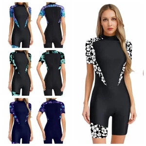 Damen Surfanzug Badeanzug mit Bein Einteiler Kurzarm Schwimmanzug Rashguard Blum - Bild 1 von 56