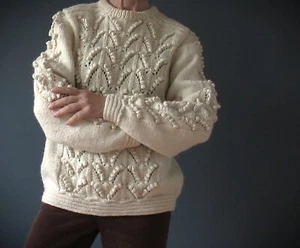 Vintage 80s Ivory Buttermilk Wool Cable Knit Irish Aran Jumper Sweater Small Med - Picture 1 of 7