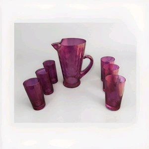 MCM Glaskrug & 6 Glas Set Morgantown Draperie lila irisierend USA 1960er - Bild 1 von 24