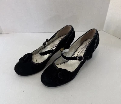 Poetic License Retro MaryJane Black Suede Shoes Polka Dot Trim Flower US 9.5 - Image 1 of 4