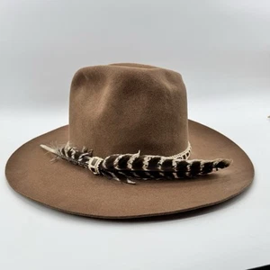 Vintage LONGHORN COWBOY HAT 7 3/8 Brown BEAVER 5X Macrame Feather western - Imagen 1 de 14