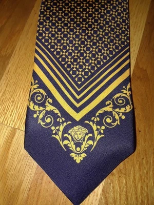 Gravata rara Versace barroca medusa azul amarela 100% seda feita na Itália - Imagem 1 de 4