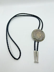 VINTAGE 1901 MORGAN SILVER DOLLAR BOLO TIE WITH CORD AND FANCY TIPS - Picture 1 of 3