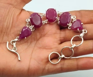 Pink Ruby Gemstone Handmade 925 Sterling Silver Jewelry Bracelet Size-7-8" - Picture 1 of 5