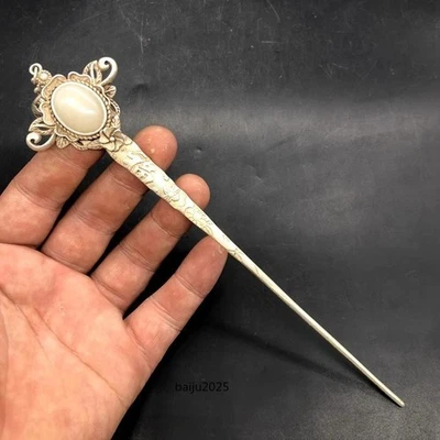Horquilla de plata tibetana antigua con incrustaciones de jade blanco, hecha artesanal china antigua Foto 1 de 4
