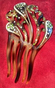 Large Old Vtg Faux Tortoise Green Clear Rhinestone Hair Comb Marked Best Hold - Picture 1 of 7