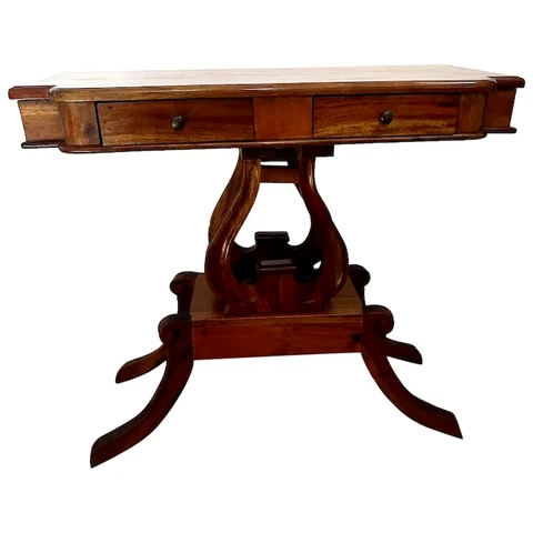 Vintage Sofa Console Table Double Lyre Pedestal Two Drawers Small Bottom shelf Cover