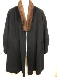 Vint 50s Stix, Baer And Fuller Mink Collared Swing Coat, Black Wool, silk lining - Picture 1 of 12