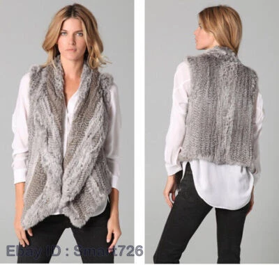 Mujeres 100% Real Chaleco de Piel de Conejo Tejido Piel Gruesa Solapa Grande Chaleco Chaleco Chaleco Foto 1 de 4