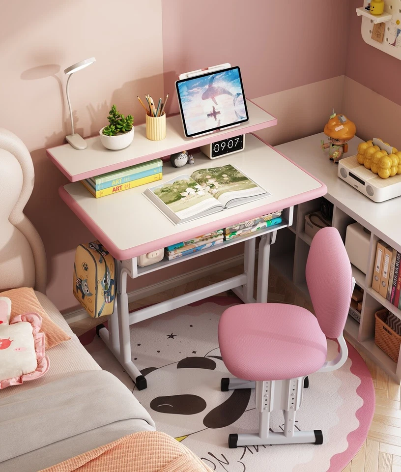 Juego de Escritorio y Silla Infantil Mesa de Estudio Ajustable en Altura Azul Rosa Gris Foto 1 de 4
