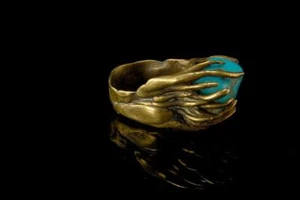 VINTAGE MODERNIST BRUTALIST BLUE TURQUOISE HAND MADE BRASS RING D138-10 - Picture 1 of 6