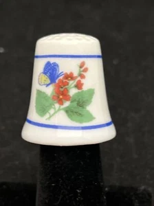 Ceramic Collectible Thimble Blue Butterfly Red Flowers - Picture 1 of 2