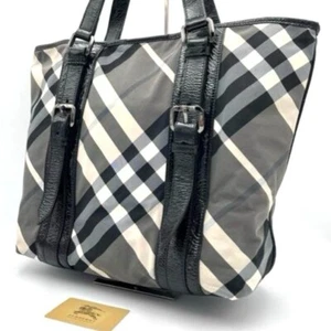 Burberry Tote Bag Beat Check Nylon Patent Leather Grey Black USED Auth #S1903 - Picture 1 of 10
