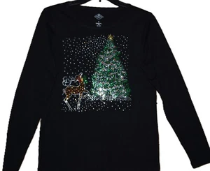 Christmas Reindeer & Tree Snow Rhinestone shirt XS S M L XL XXL 1X 2X 3X 4X 5X - Picture 1 of 10