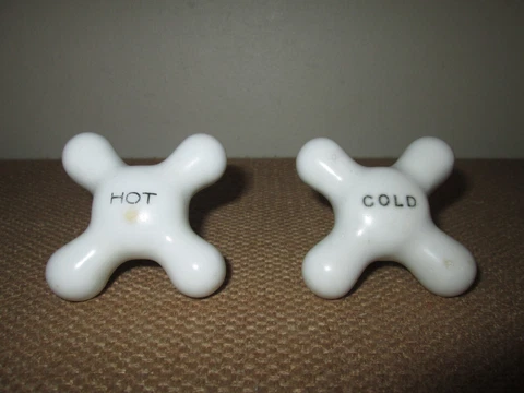 Set Of 2 Vintage Antique? Hot & Cold White Porcelain Cross Faucet Knobs Cover