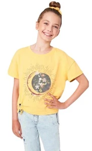 Justice Girls Top Yellow 10 Pullover Short Sleeve Side Tie Flower Gem Graphics - Picture 1 of 10