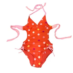 Girls S 6-7 Gap Kids Orange Polka Dot Halter One Piece Cutout Swimsuit Tie Back - Picture 1 of 3