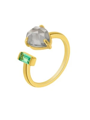 Anello Donna Argento Da 1 Legge Dorato, Goccia Grigio E Cristallo Baguette - Immagine 1 di 3