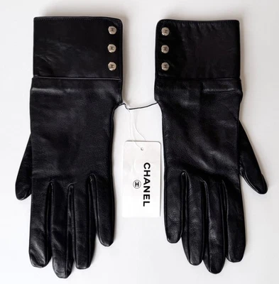 GUANTES CHANEL NUEVOS CON ETIQUETAS CUERO NEGRO PLATA LOGOTIPO CC 7.5 Foto 1 de 4
