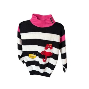 Vtg 80s knitwaves Striped Black White Sweater Pink cat girls size medium large - Picture 1 of 4