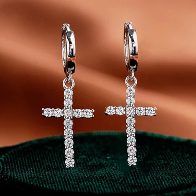 D VVS1 Cross Moissanite Dangle Hoop Earrings 18k White Gold Plated Men Women GRA - Image 1 of 4