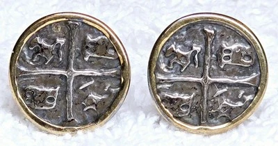 Brincos raros de ouro amarelo 14K com moldura de moeda de prata tesouro naufrágio Atocha - Imagem 1 de 4