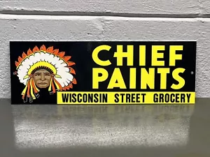 Chief Paints Thick Metal Sign Indian Wisconsin Grocery Brush Colors Gas Oil Can - Picture 1 of 4