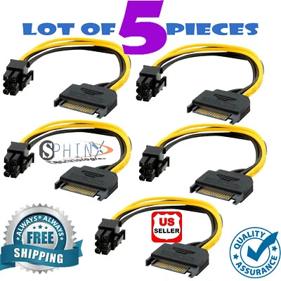 LOT 5 x 15-Pin SATA to 6-pin Power Cable for Video Card PCI-E PCIE PCI Express  - Image 1 of 3